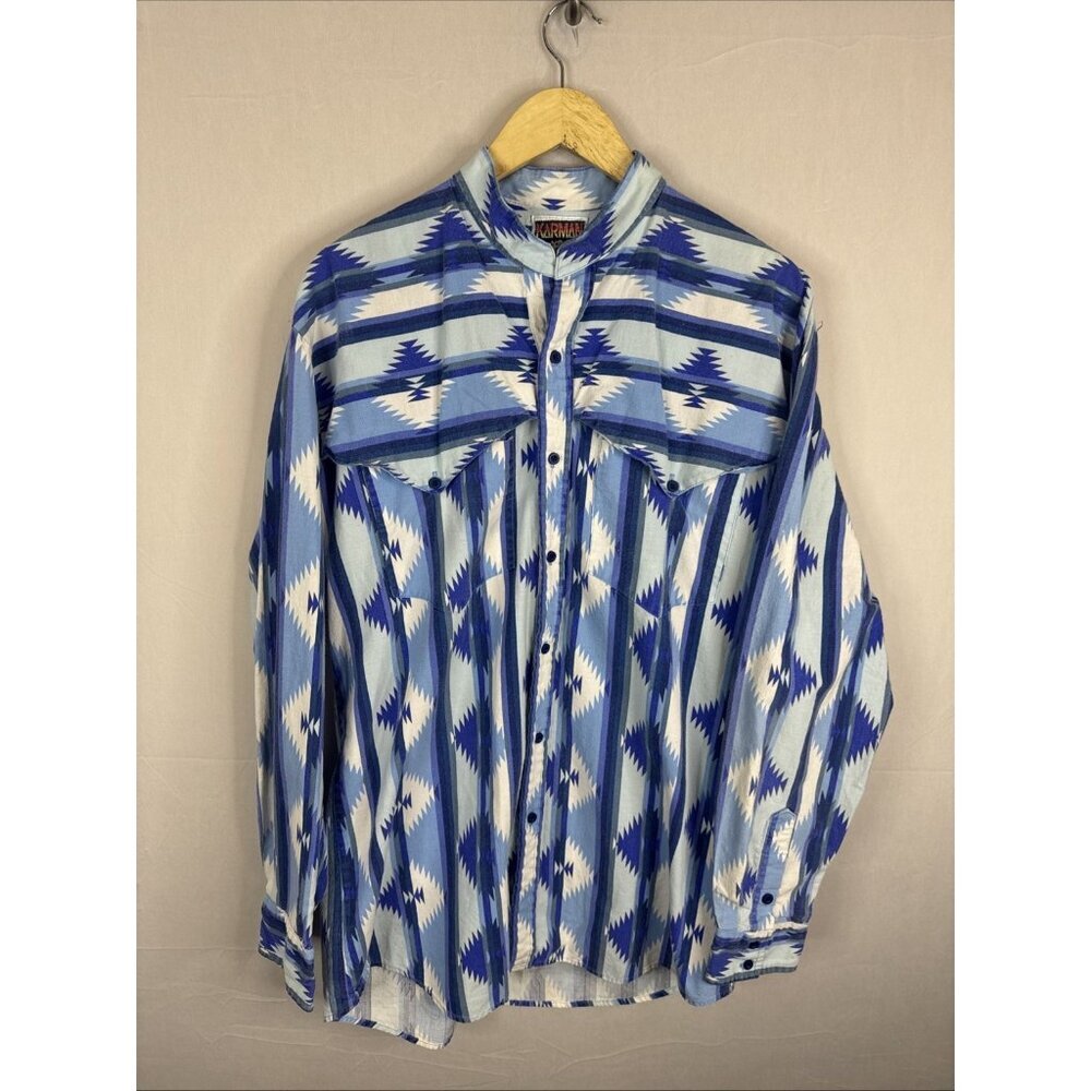 Vintage Karman Western Shirt XL Made USA Blue Southwestern Aztec Pearl Snap
